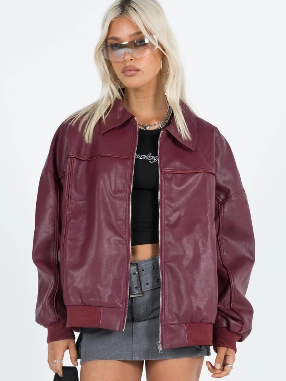 Princess Polly Goldsmith Faux Leather Bomber Jacket in Burgundy, Size 4